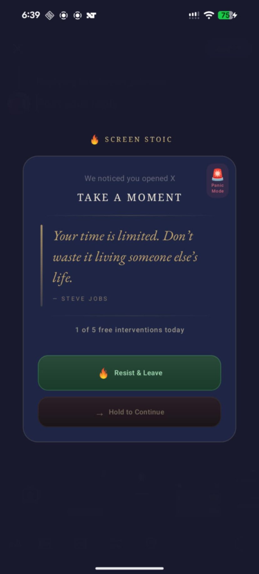 Screen Stoic intervention screen showing a Stoic quote and the choice to Resist and Leave or Hold to Continue